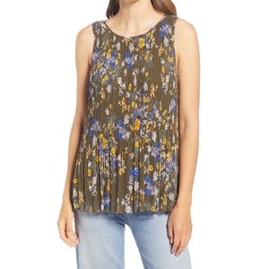 ❤️ Halogen Sleeveless Pleated Georgette Top in Olive Nouveau Botanical ❤️ F1